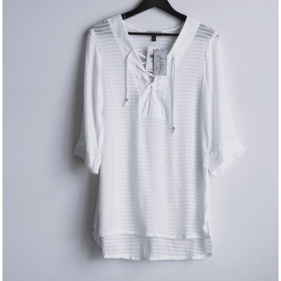 J. VALDI V-Neck Lace Up Tunic White Swim XS X-small Sheer Stripe New with Tag - Picture 3 of 7